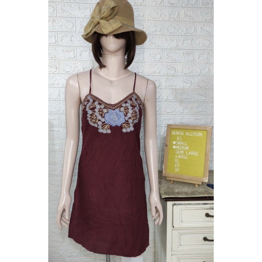 Blue Rain Slip Dress Maroon Periwinkle‎ Embroidered Boho Hippie Indie Lined-XS